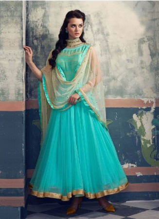 Fabulous New Sky Blue Khatli Work Fency Designer Anarkali Suit(TOP Stitched) 