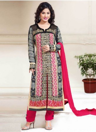 FABFIRKI PINK AND BLACK SEMISTITCHED DESIGNER SALWAR SUIT