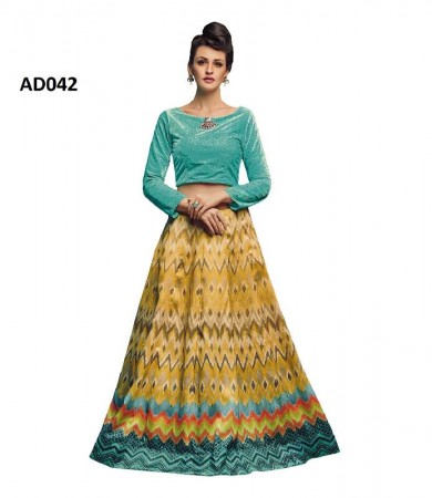 Brown colour short top with short sleeves and Digital printed silk lahengha ckoli