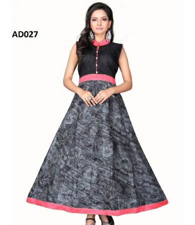 Black and Grey Printed Banglori Semi-stitched Gown