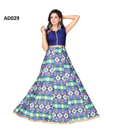 Blue And Multi Colored Banglori Printed Semi-stitched Gown