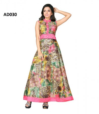 Multi And Pink Banglori  Colored Printed Semi-stitched Gown