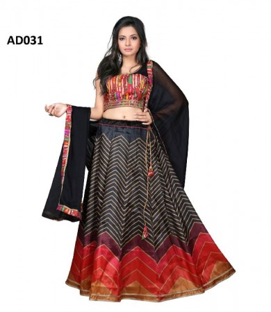 Black And Multi Colored Sateen Fabric Semi-stitched Lehenga Suit