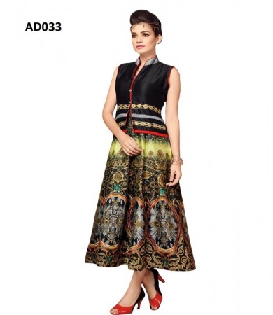 blue and multicolour digital printed bhagalpuri silk gown